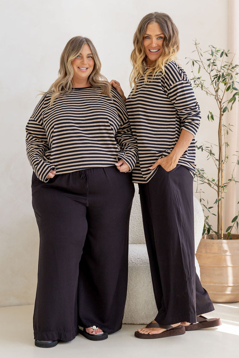 Long Sleeve Boxy Tee in Black/Oat Marle Stripes