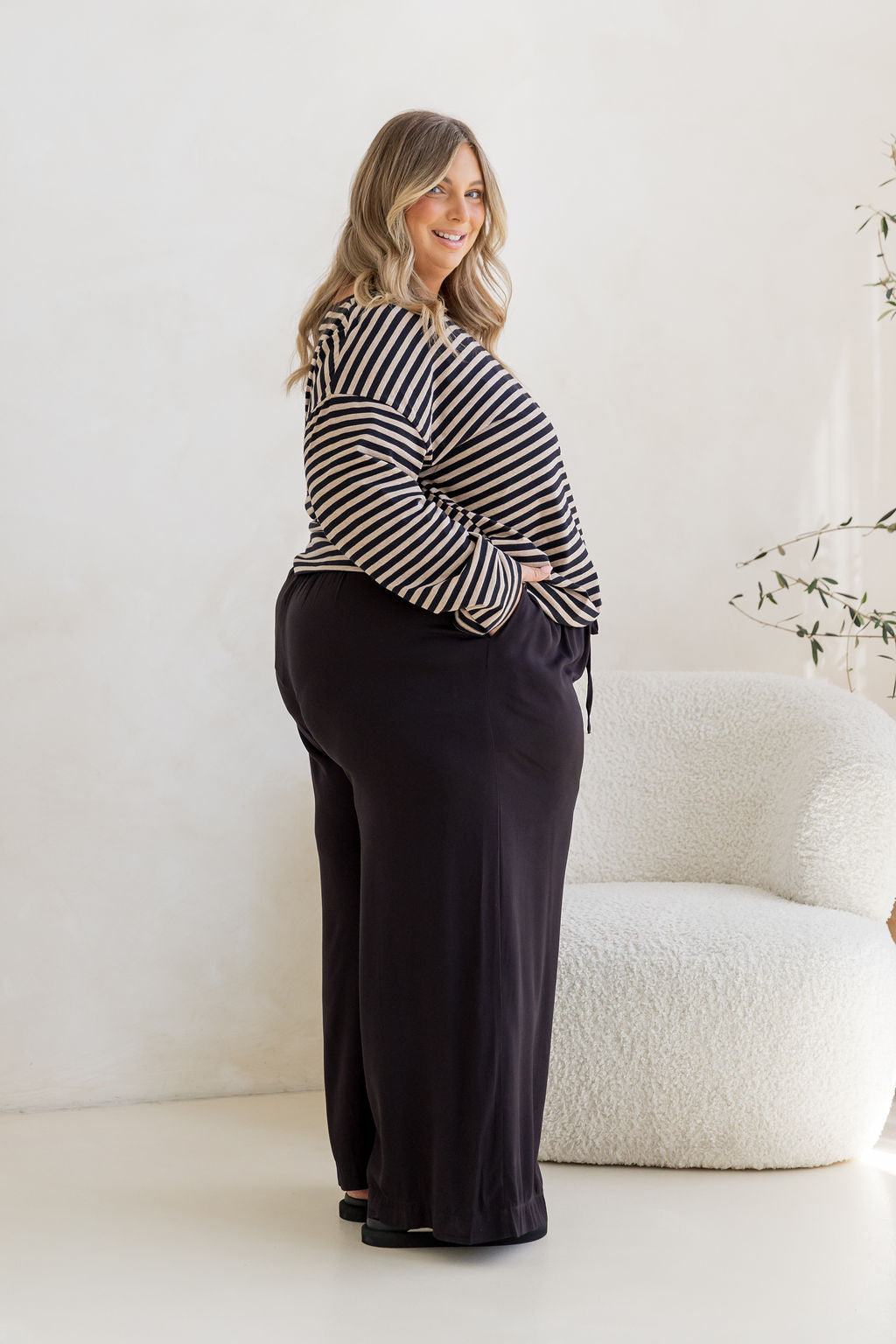 Long Sleeve Boxy Tee in Black/Oat Marle Stripes
