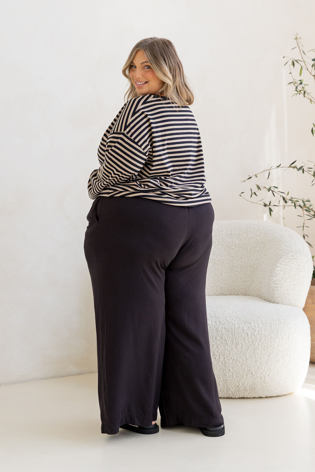Long Sleeve Boxy Tee in Black/Oat Marle Stripes