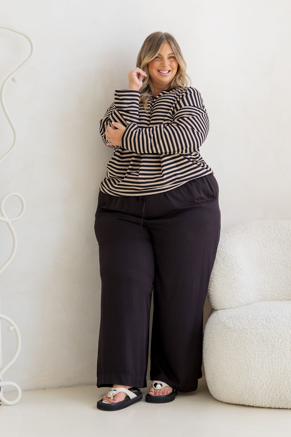 Long Sleeve Boxy Tee in Black/Oat Marle Stripes