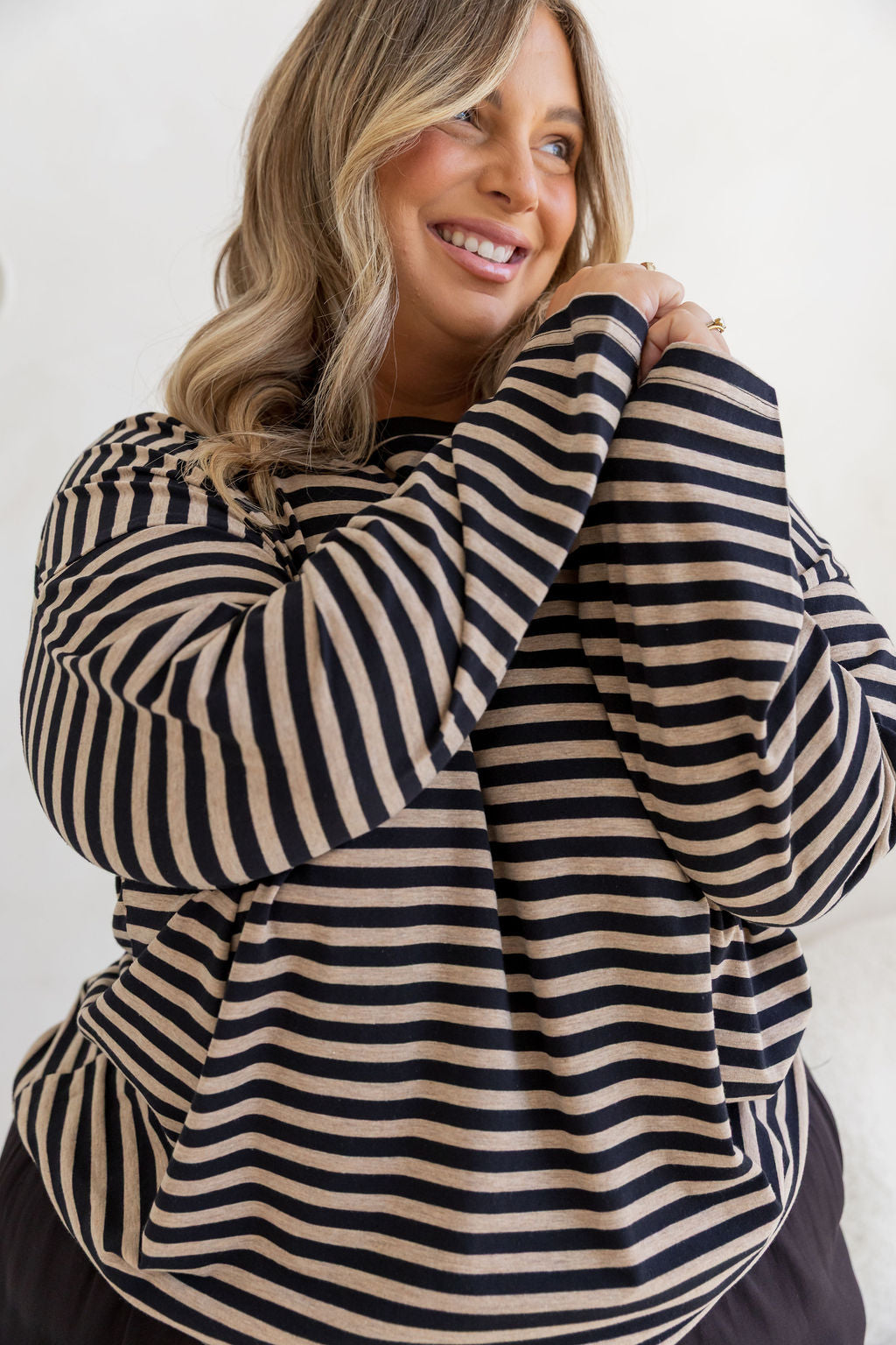Long Sleeve Boxy Tee in Black/Oat Marle Stripes