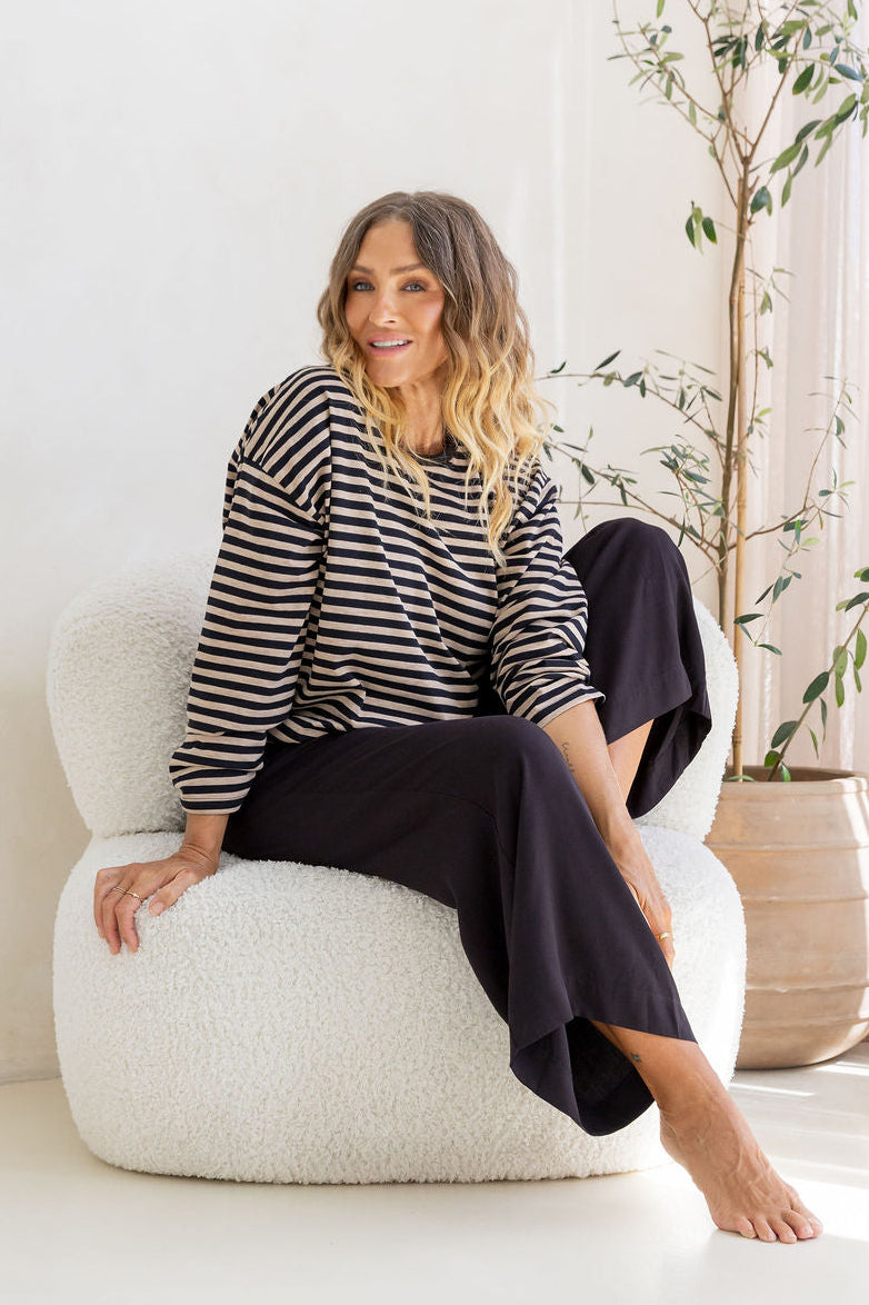 Long Sleeve Boxy Tee in Black/Oat Marle Stripes