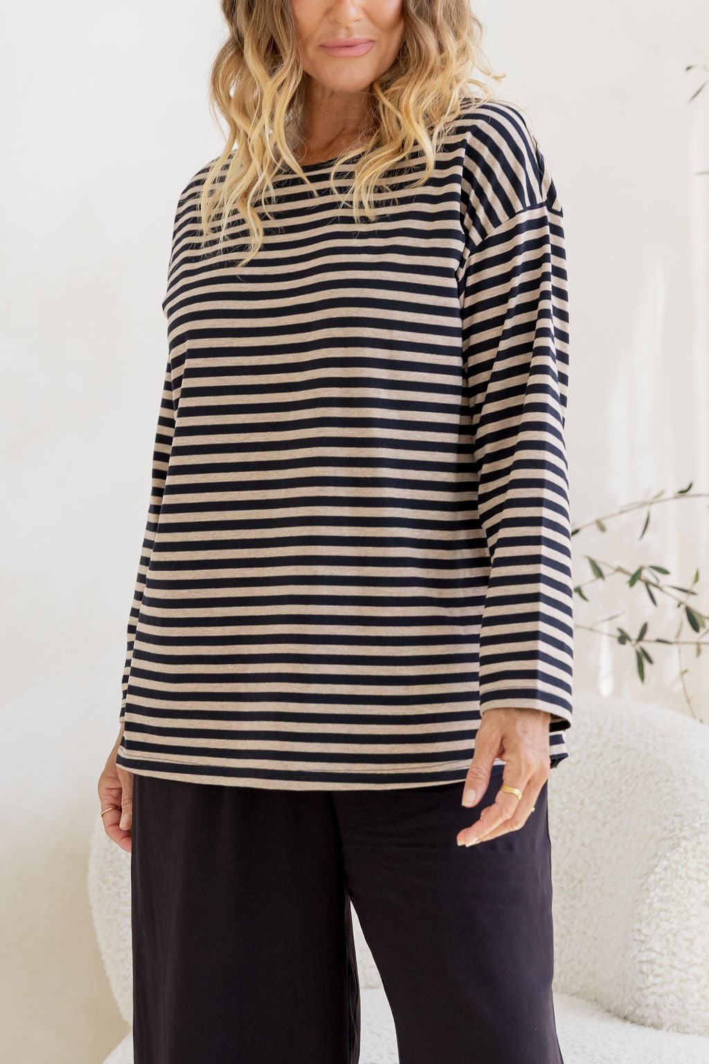 Long Sleeve Boxy Tee in Black/Oat Marle Stripes