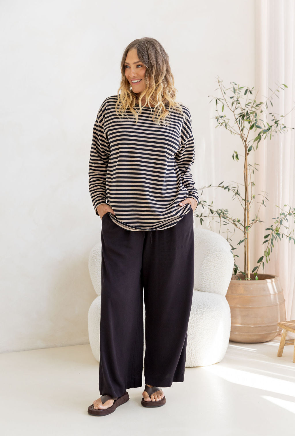 Long Sleeve Boxy Tee in Black/Oat Marle Stripes