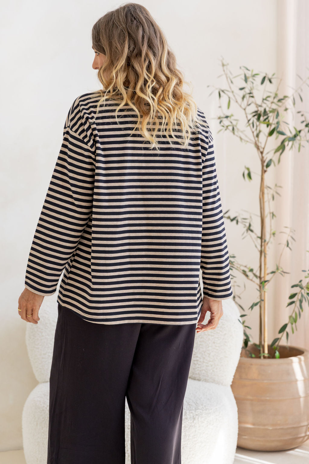 Long Sleeve Boxy Tee in Black/Oat Marle Stripes