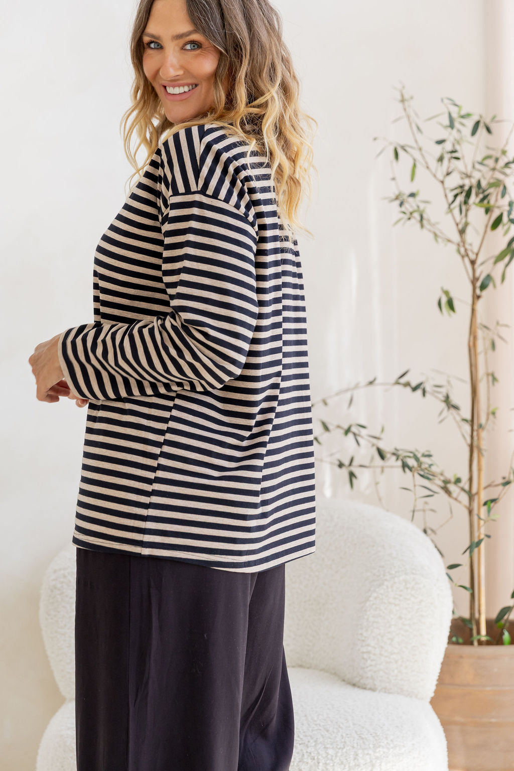 Long Sleeve Boxy Tee in Black/Oat Marle Stripes