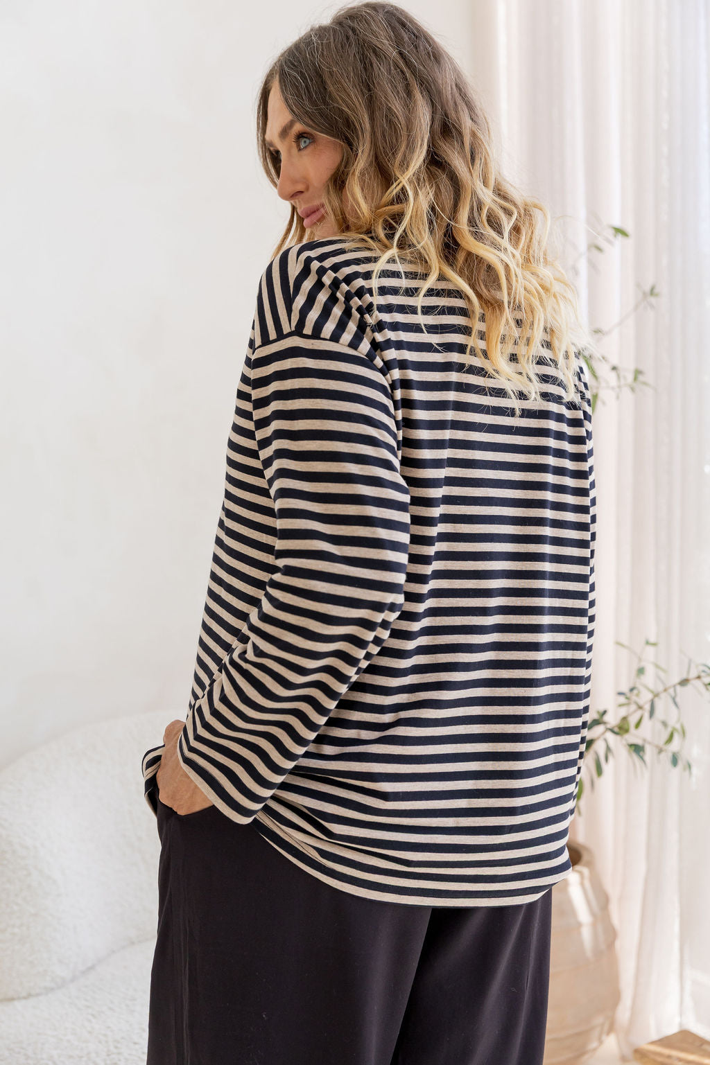 Long Sleeve Boxy Tee in Black/Oat Marle Stripes