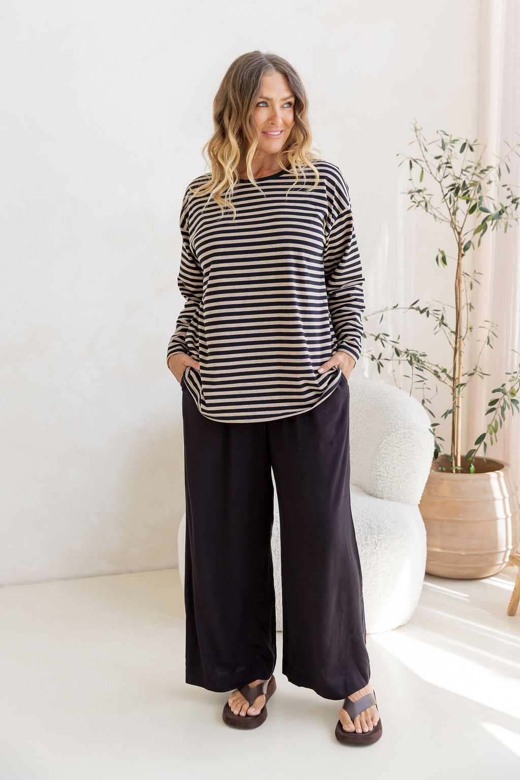 Long Sleeve Boxy Tee in Black/Oat Marle Stripes
