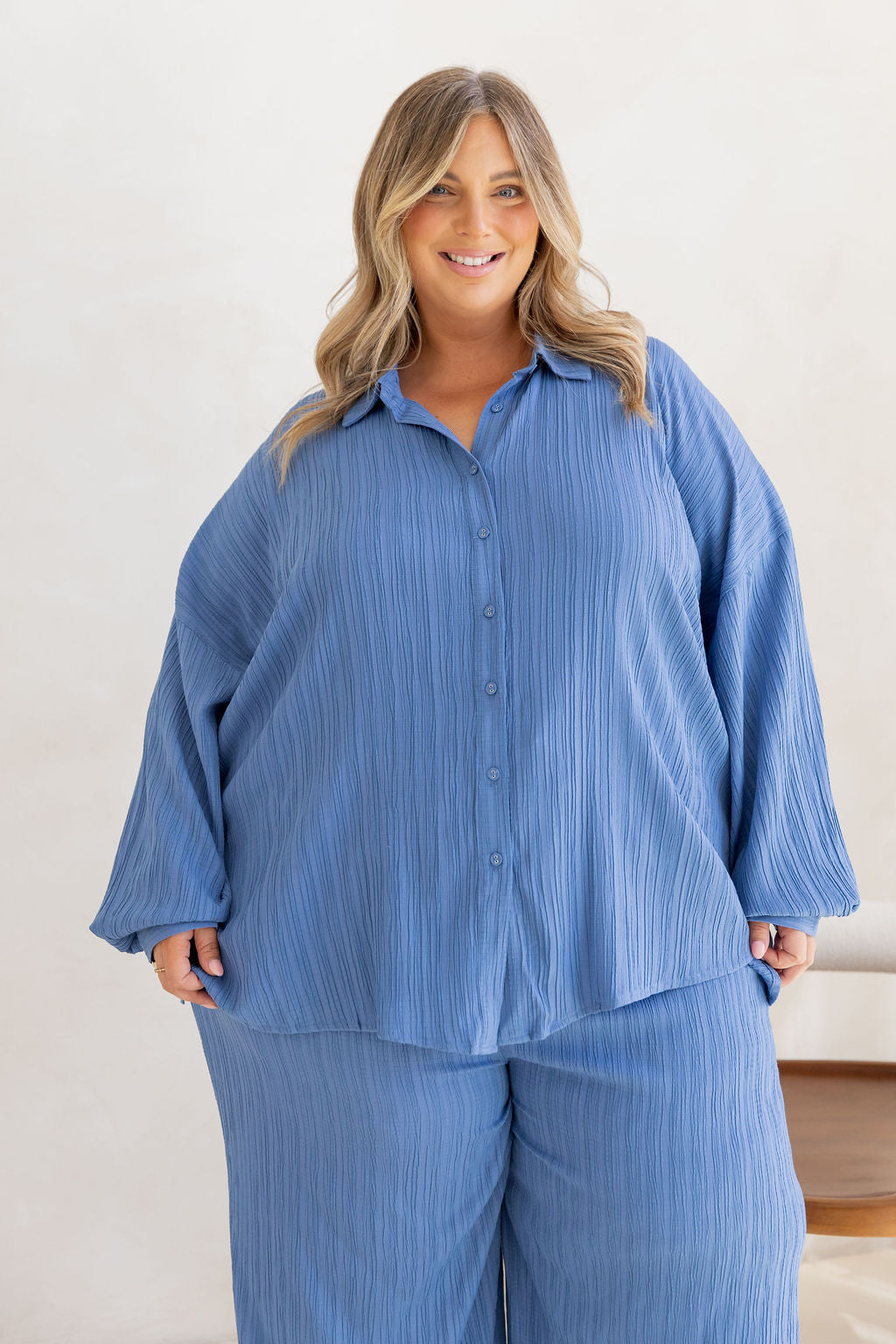 Camille Shirt in Textured Denim Blue