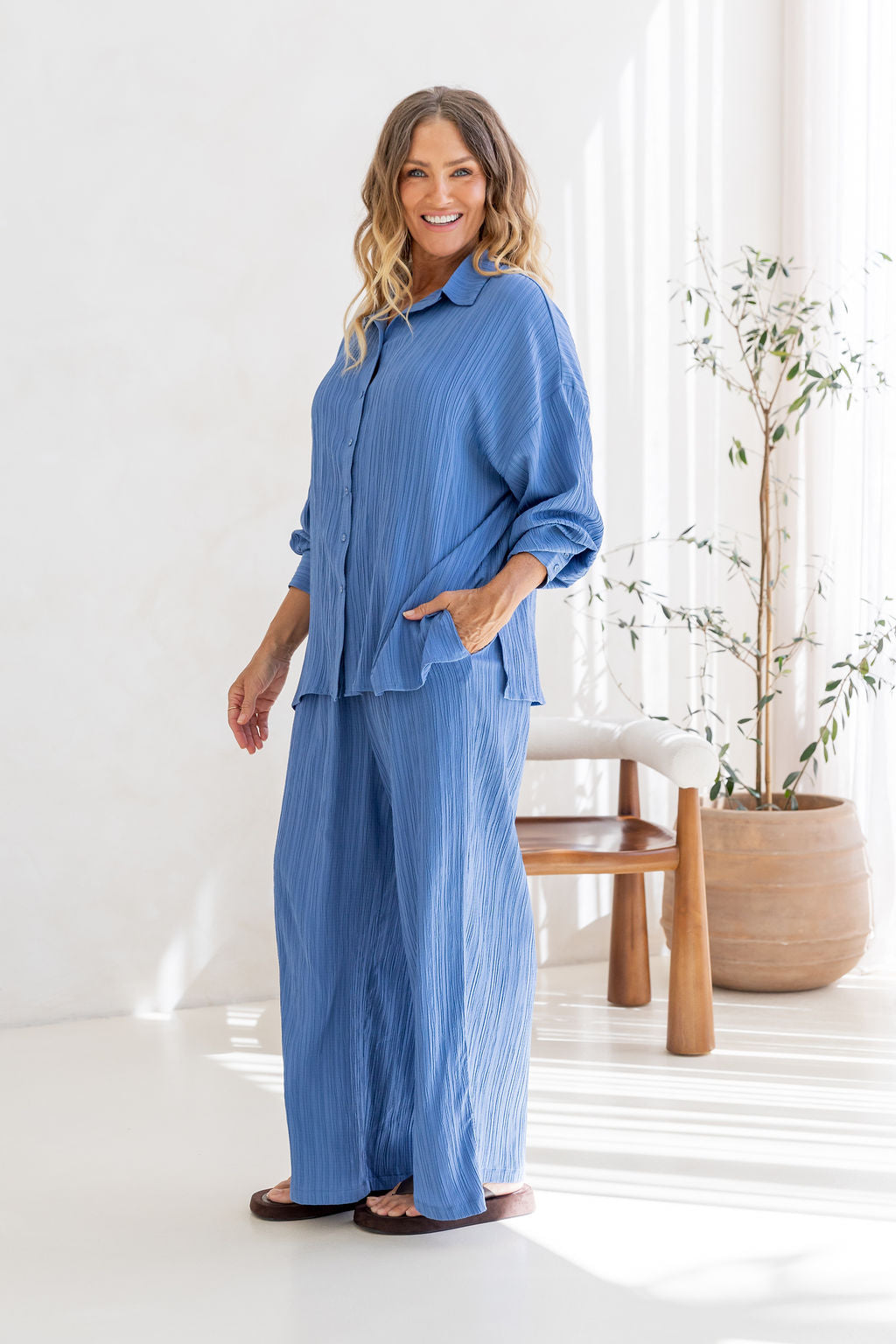 Gina Pant in Textured Denim Blue