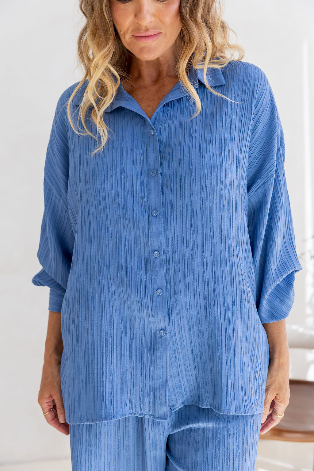 Camille Shirt in Textured Denim Blue