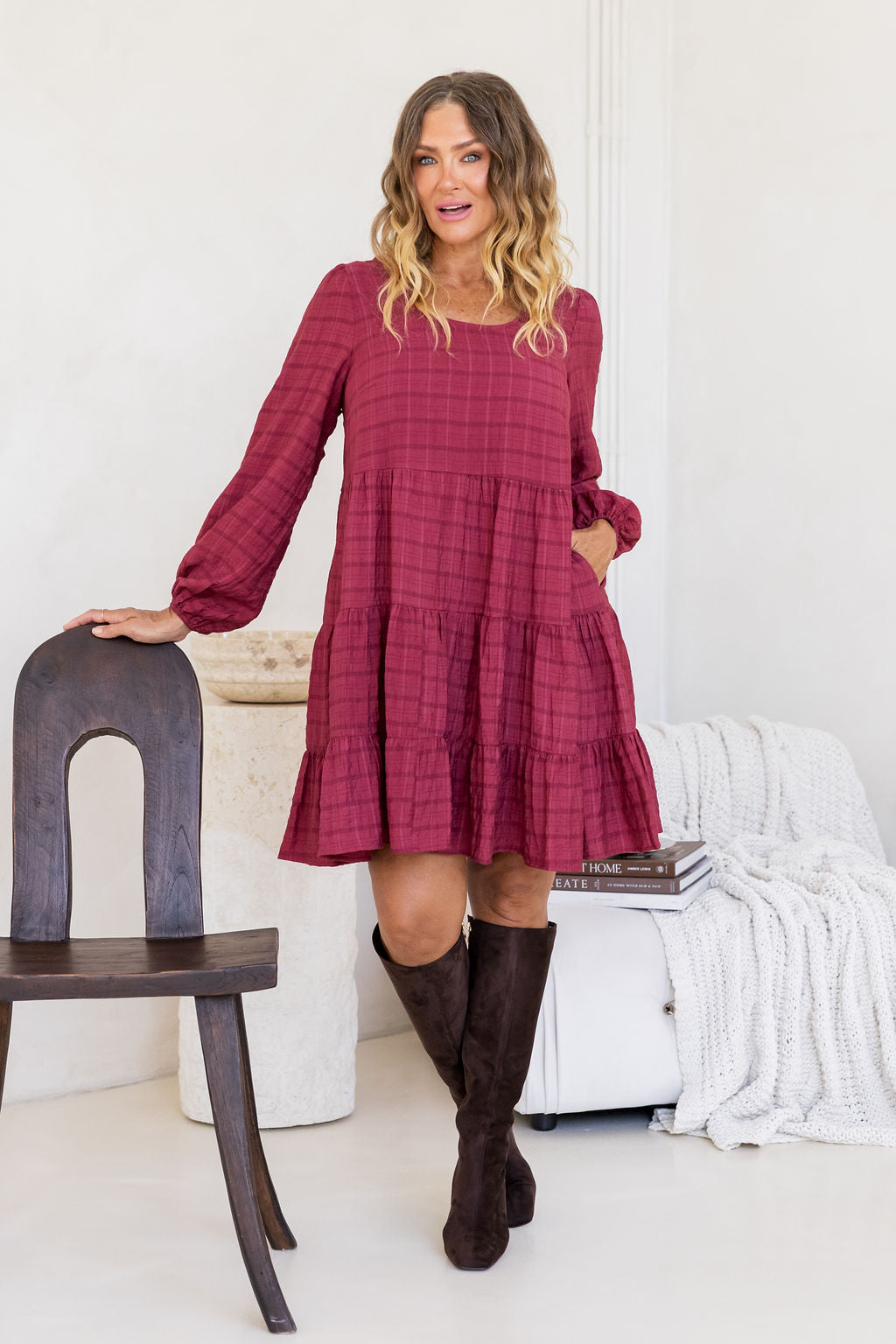 Long Sleeve Greta Dress in Wine