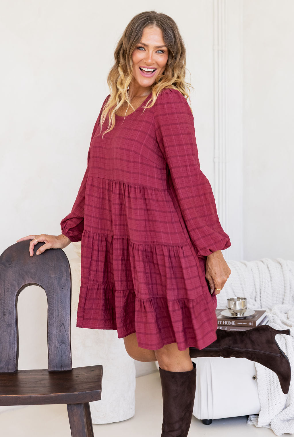 Long Sleeve Greta Dress in Wine