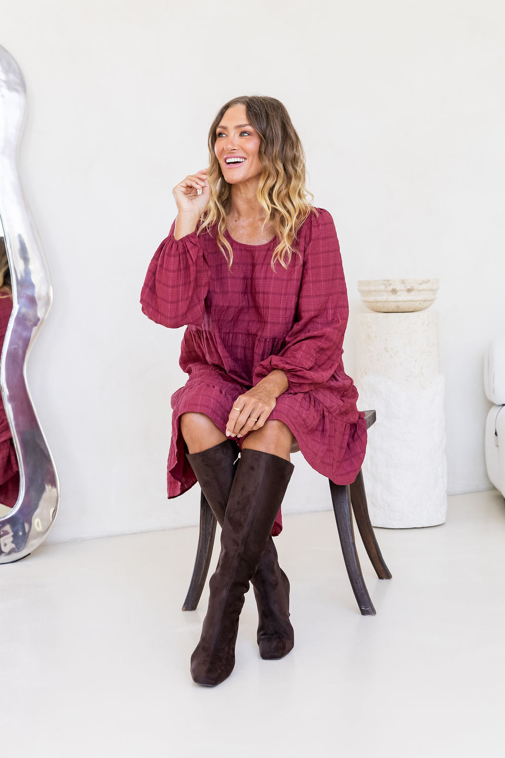 Long Sleeve Greta Dress in Wine
