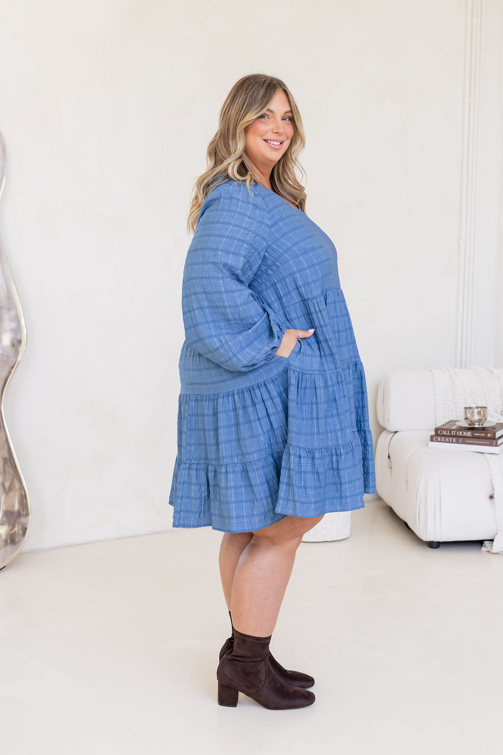 Long Sleeve Greta Dress in Denim Blue