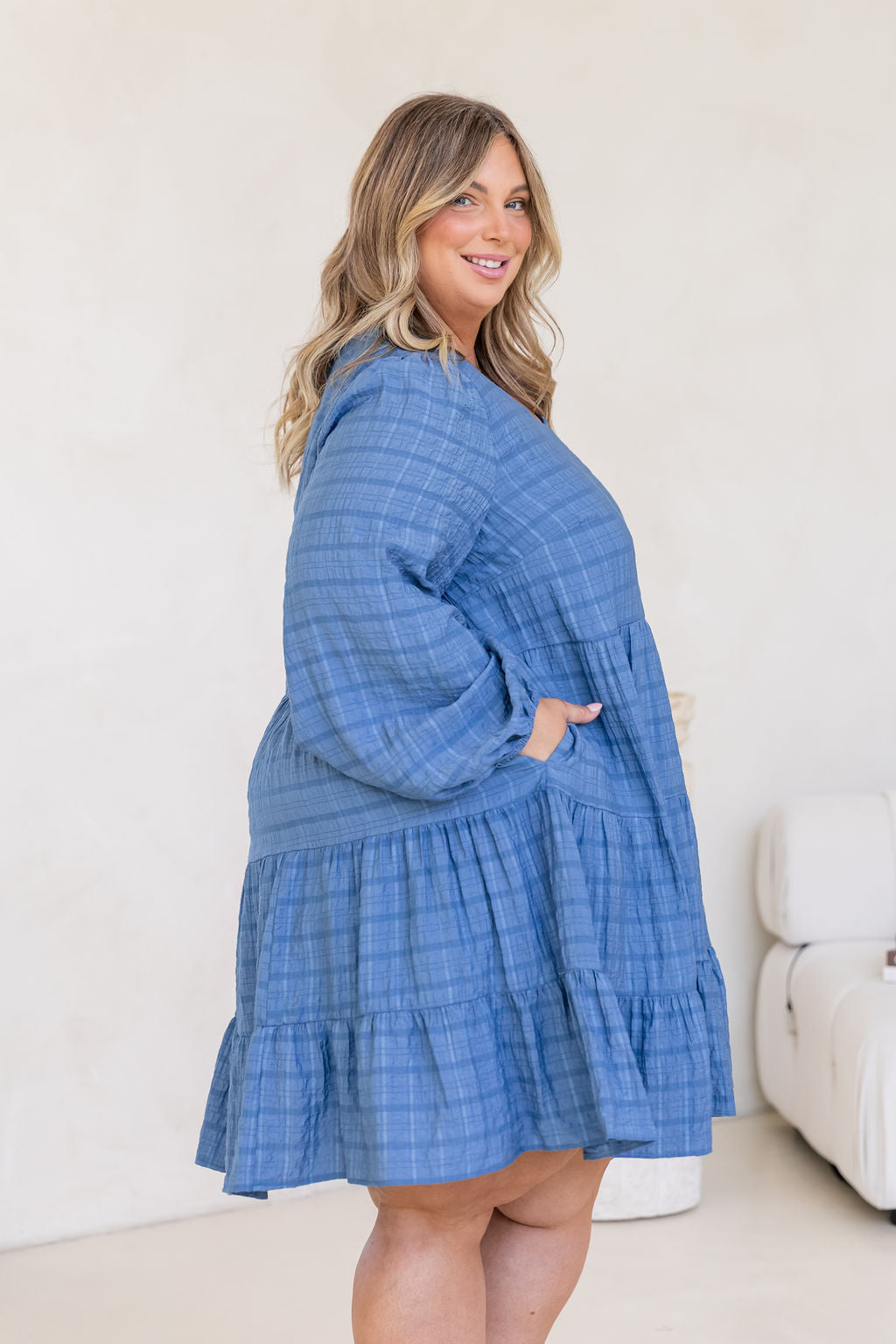 Long Sleeve Greta Dress in Denim Blue