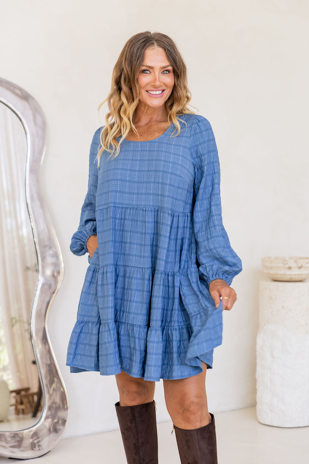 Long Sleeve Greta Dress in Denim Blue