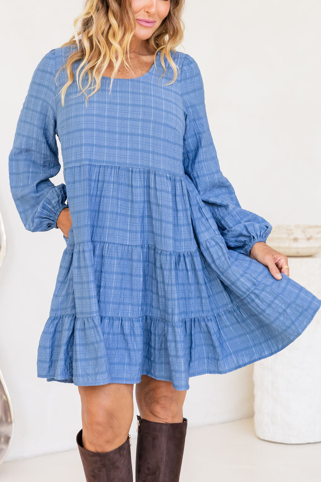 Long Sleeve Greta Dress in Denim Blue