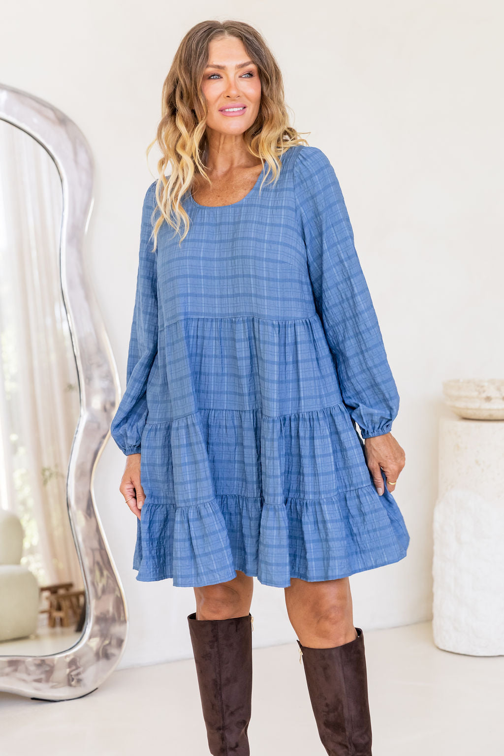 Long Sleeve Greta Dress in Denim Blue
