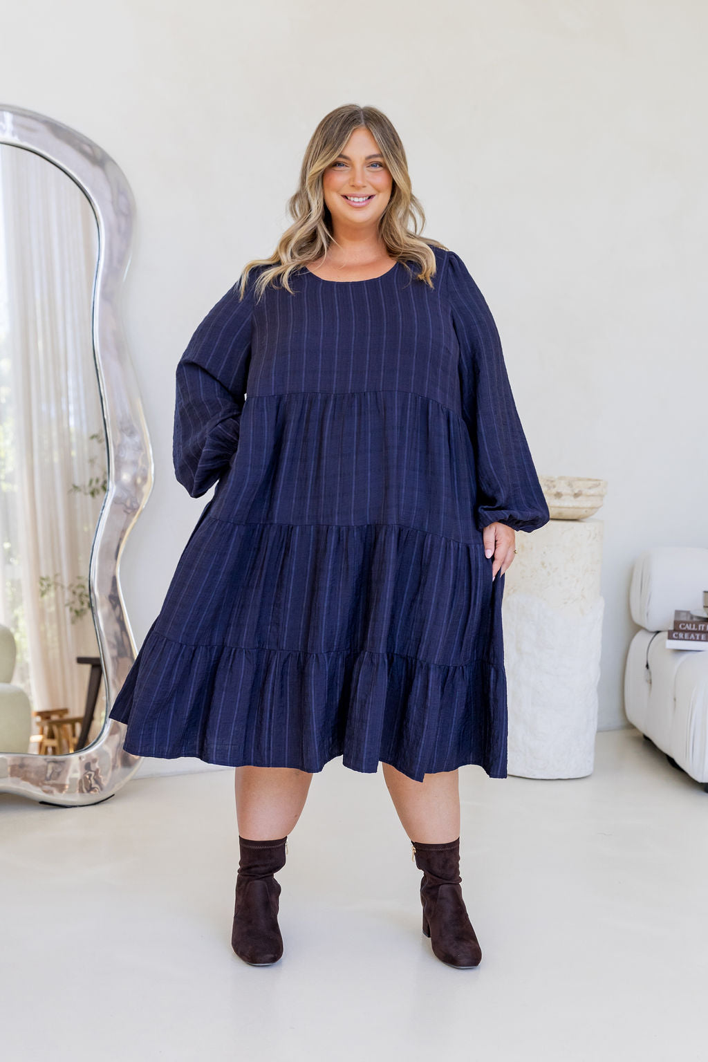 Long Sleeve Greta Midi Dress in Navy