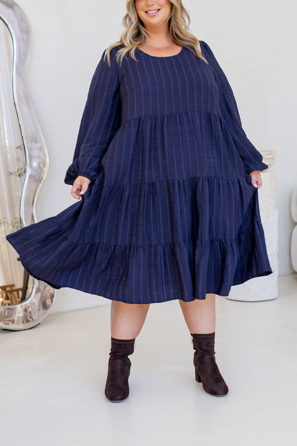 Long Sleeve Greta Midi Dress in Navy