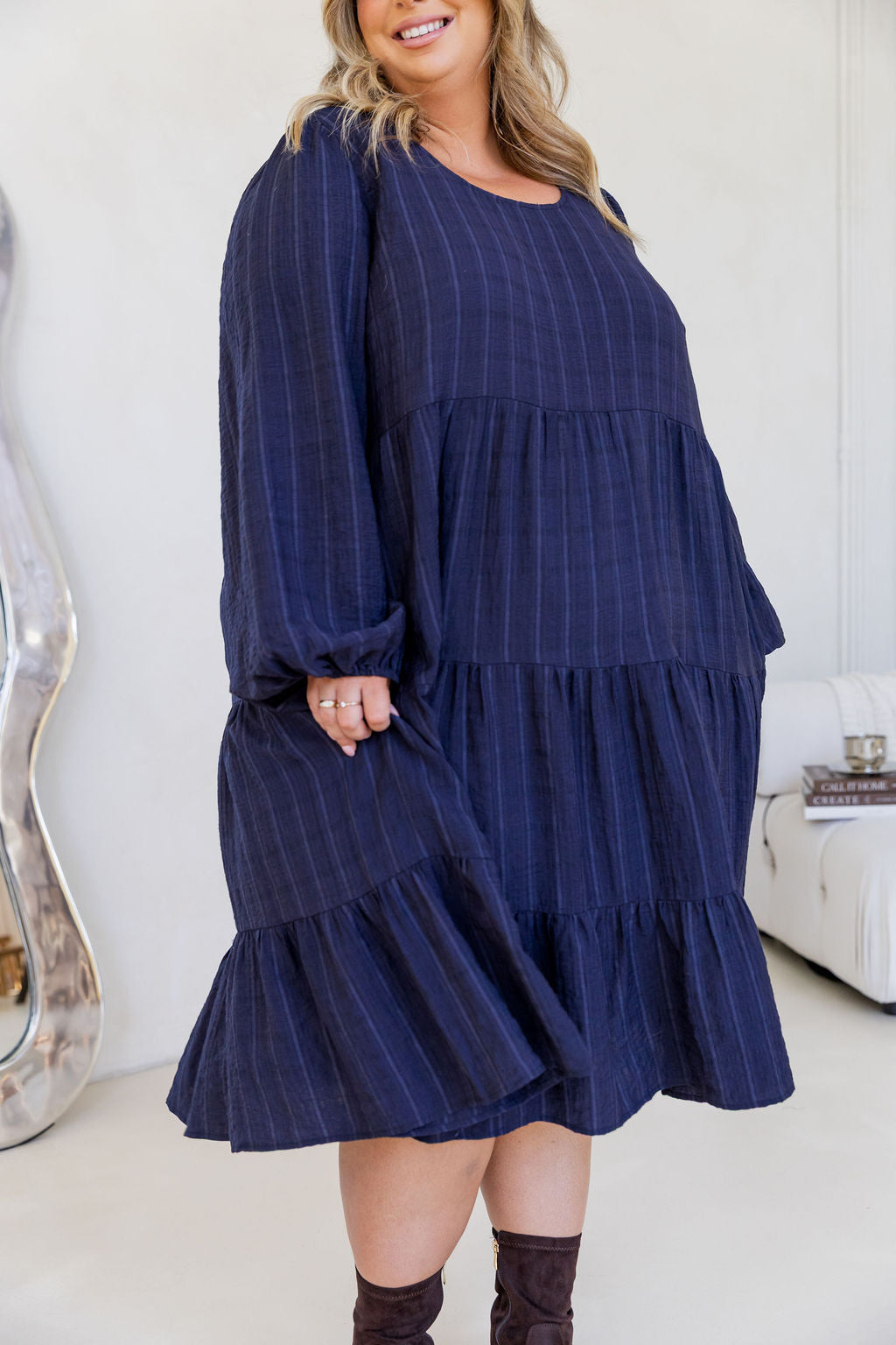 Long Sleeve Greta Midi Dress in Navy