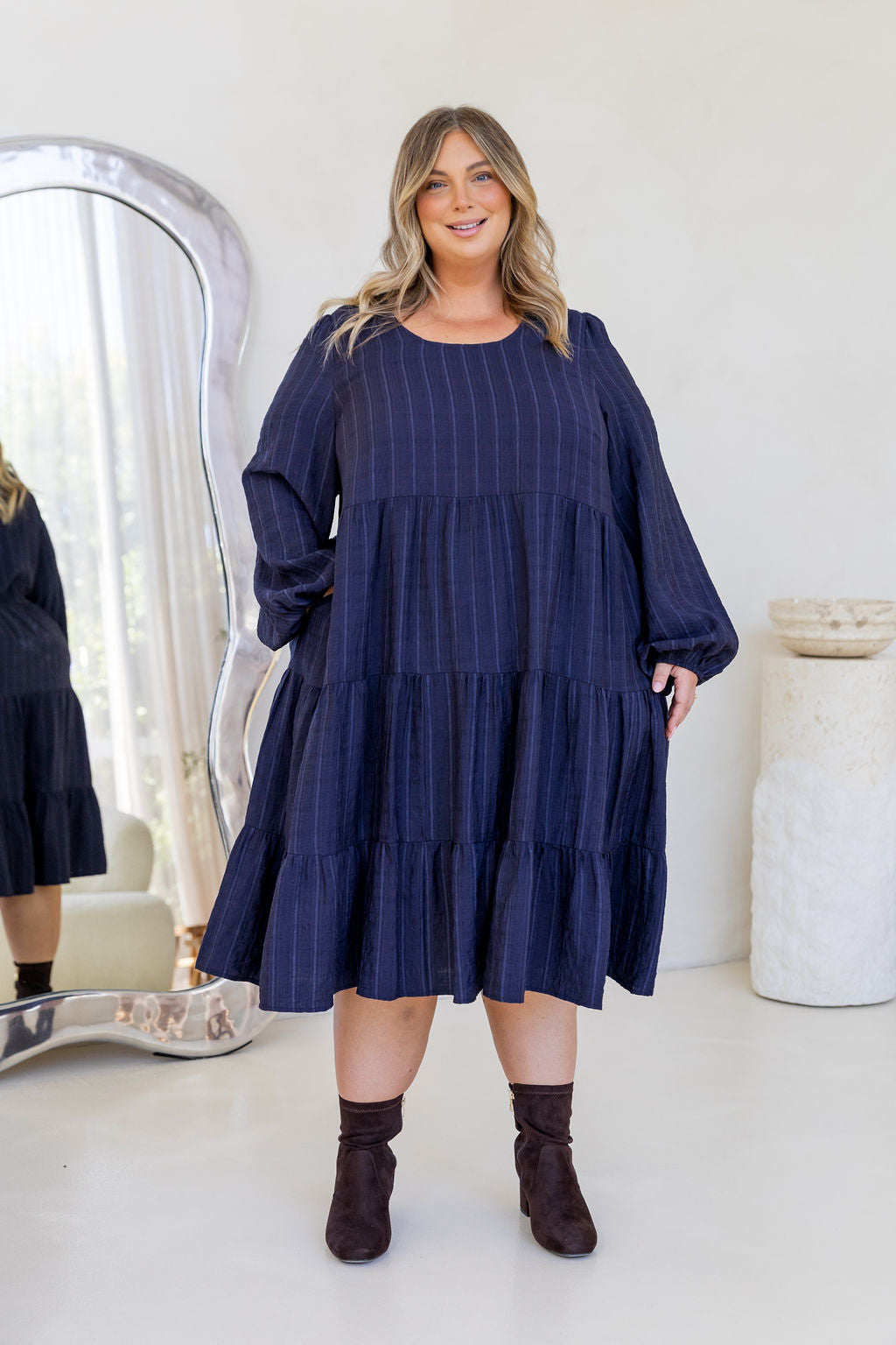 Long Sleeve Greta Midi Dress in Navy