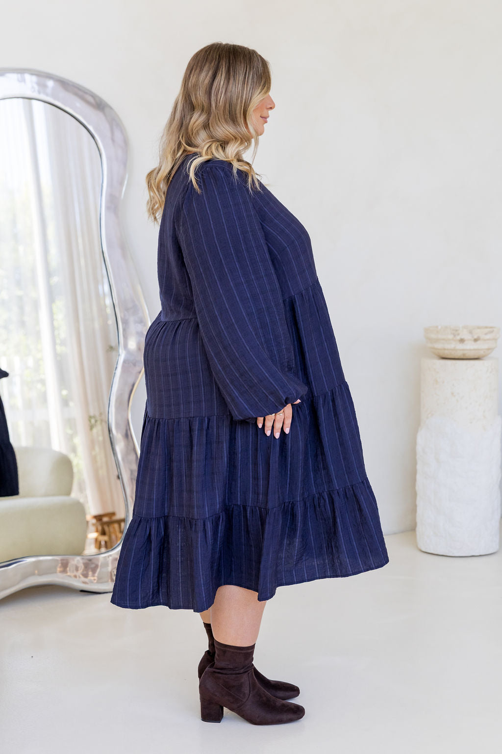 Long Sleeve Greta Midi Dress in Navy