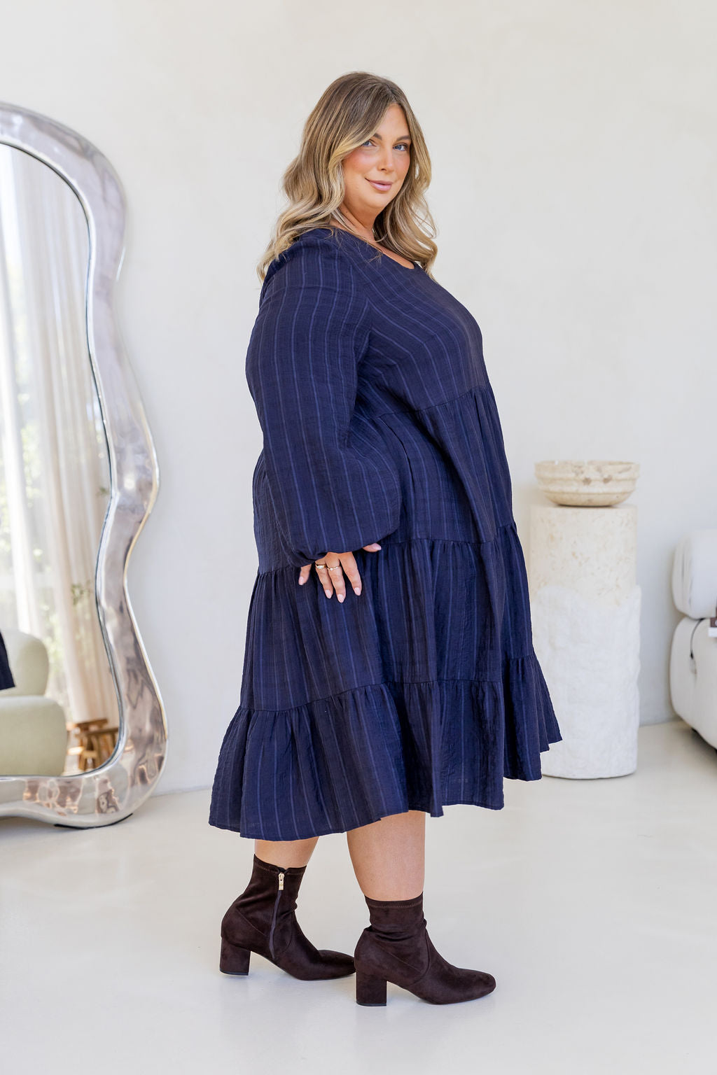 Long Sleeve Greta Midi Dress in Navy