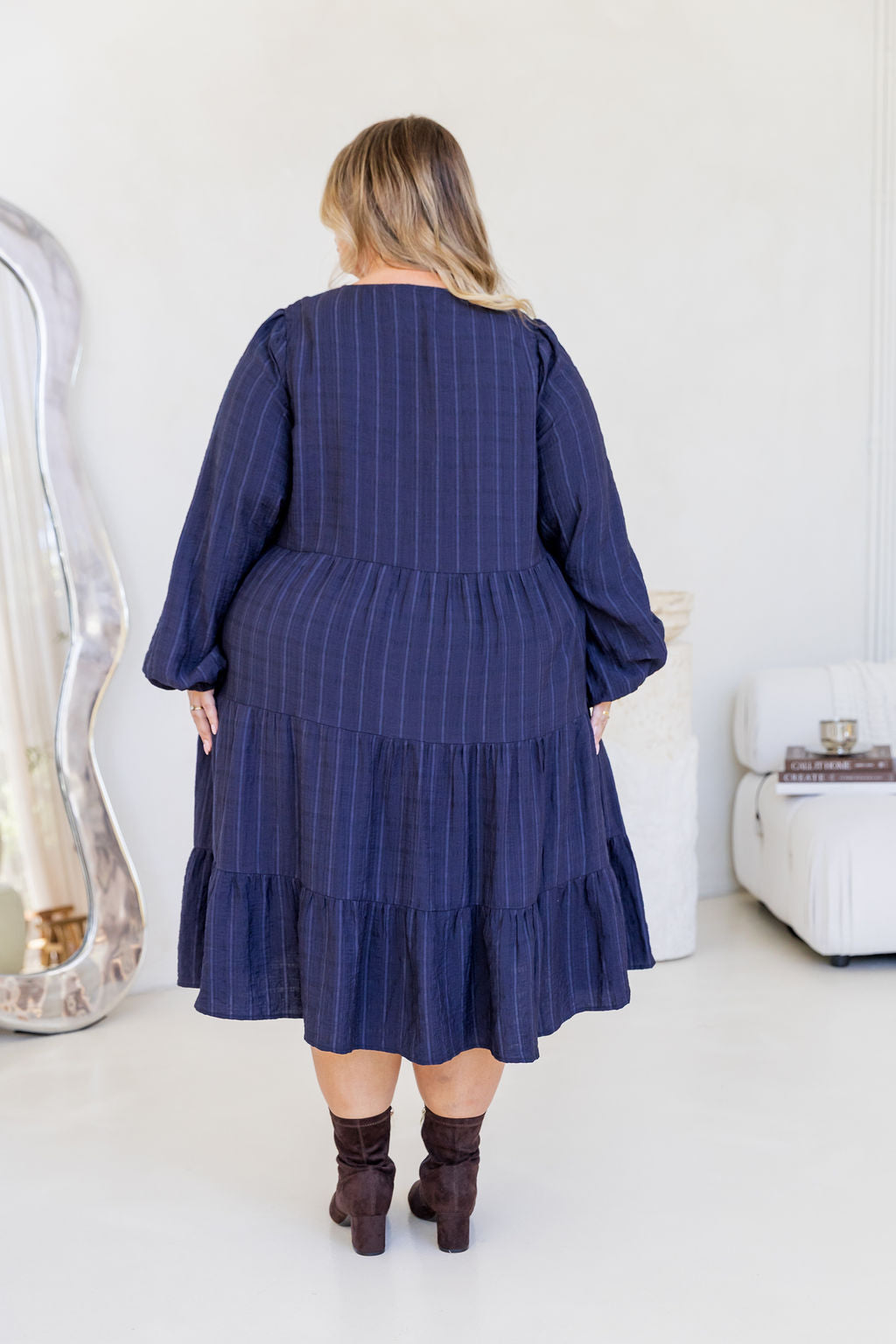 Long Sleeve Greta Midi Dress in Navy