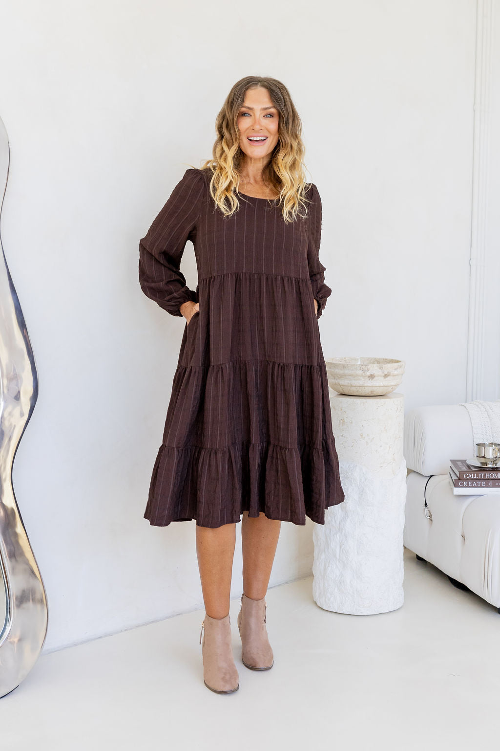 Long Sleeve Greta Midi Dress in Chocolate