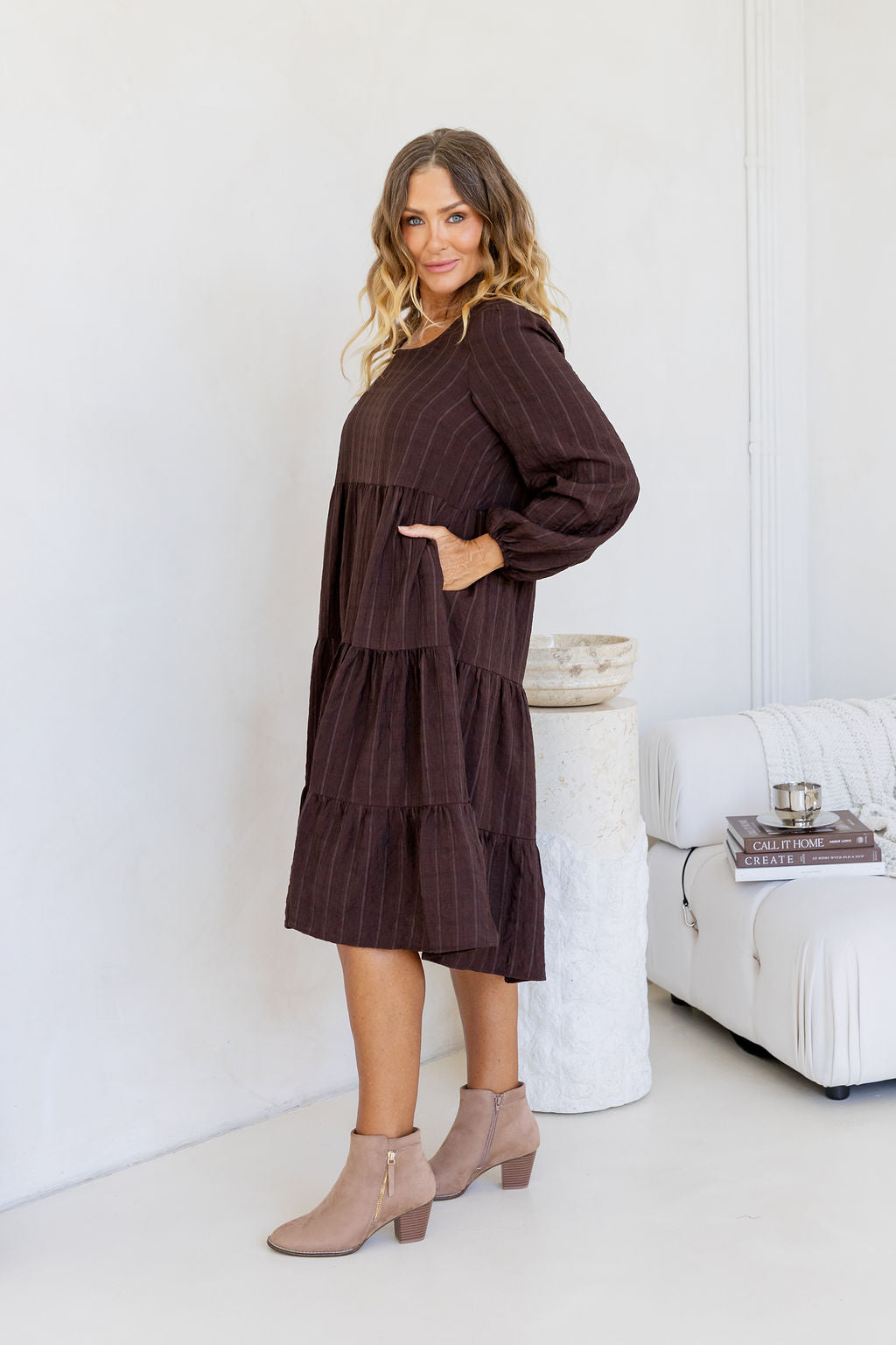 Long Sleeve Greta Midi Dress in Chocolate