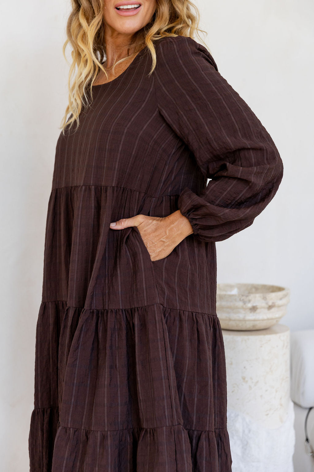Long Sleeve Greta Midi Dress in Chocolate