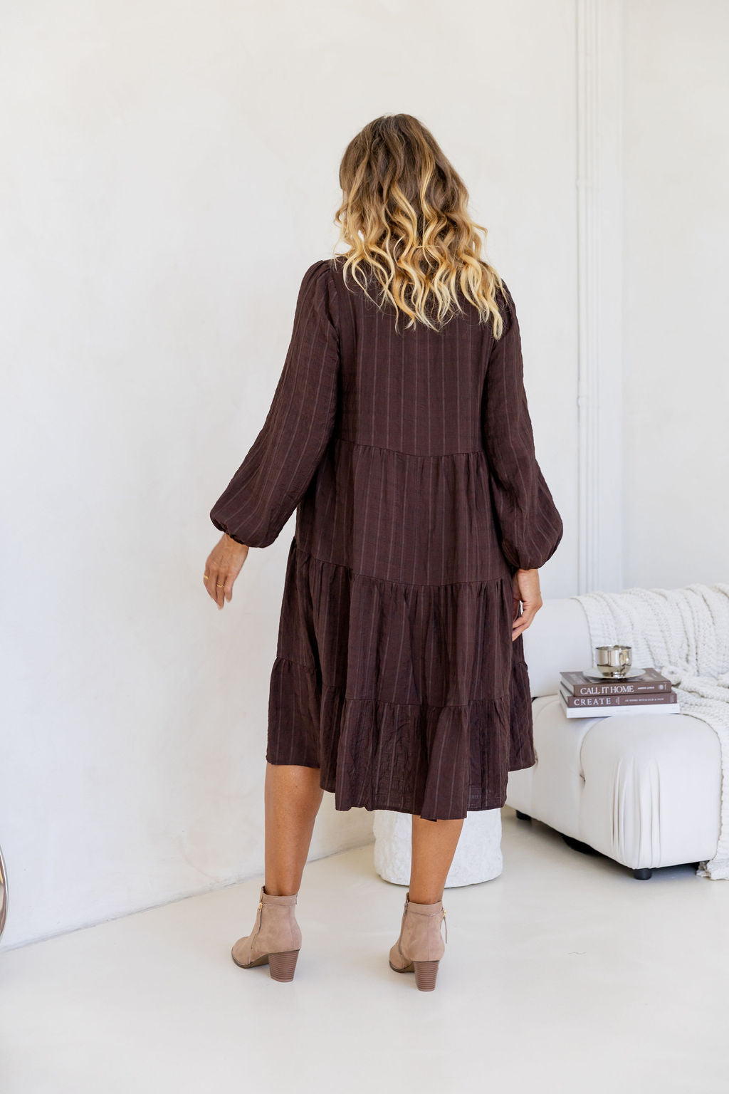 Long Sleeve Greta Midi Dress in Chocolate