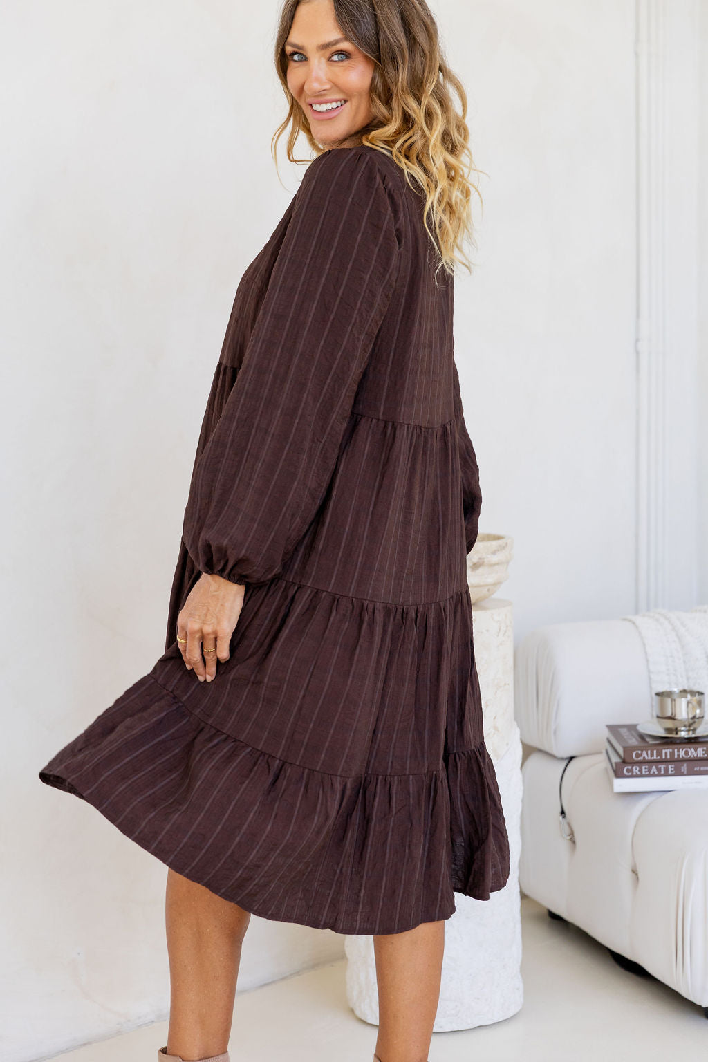 Long Sleeve Greta Midi Dress in Chocolate