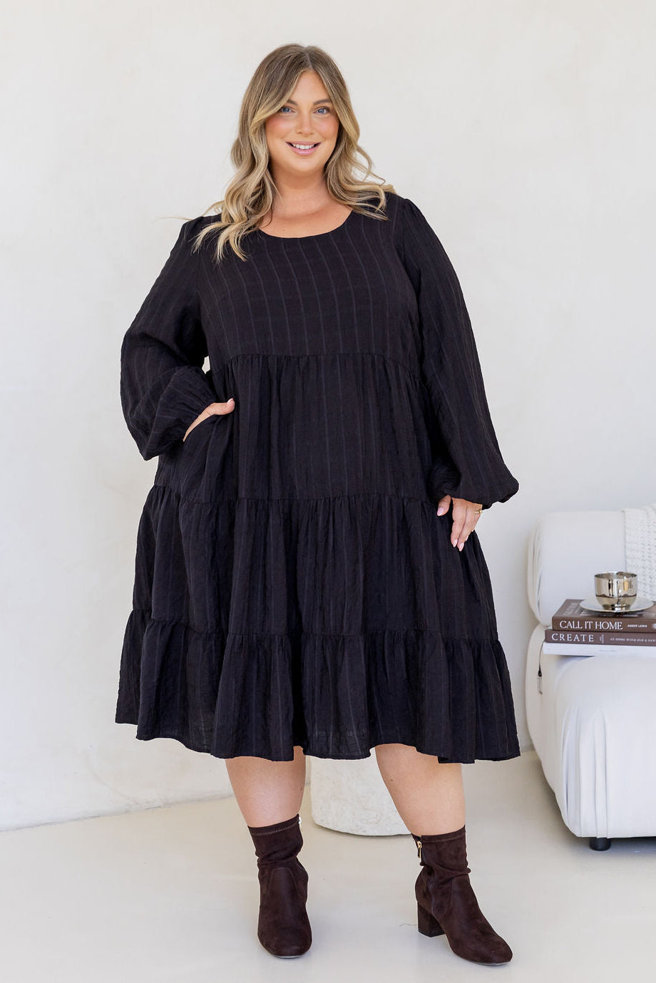Long Sleeve Greta Midi Dress in Black