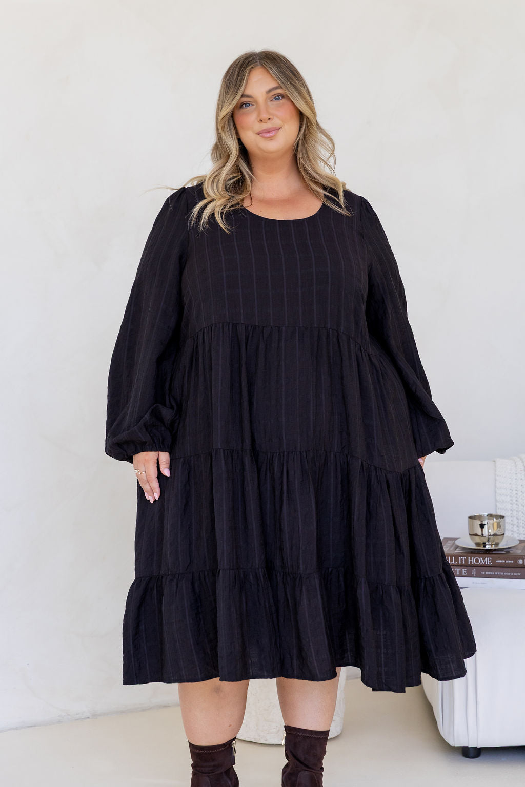 Long Sleeve Greta Midi Dress in Black