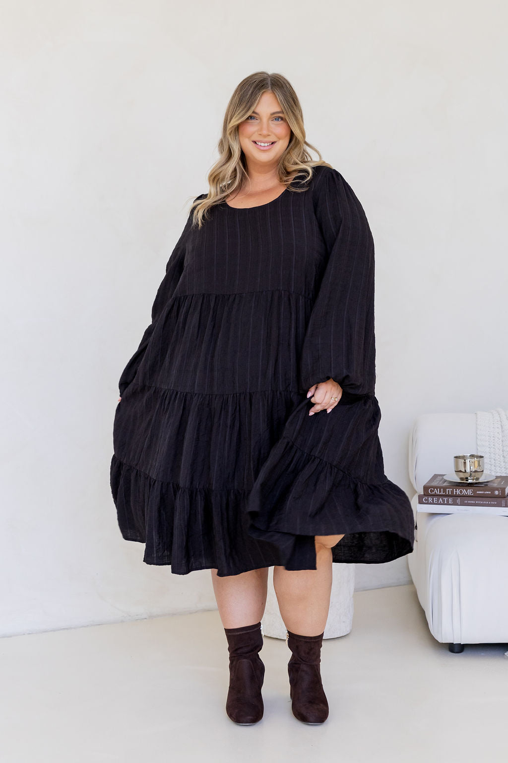 Long Sleeve Greta Midi Dress in Black