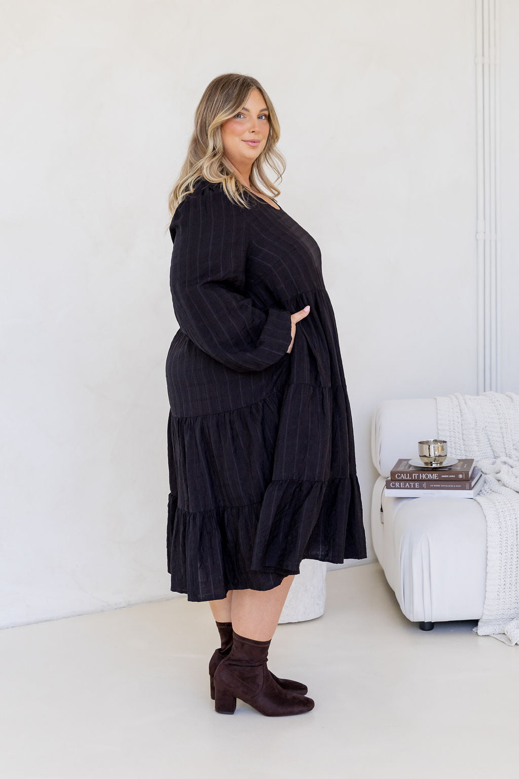 Long Sleeve Greta Midi Dress in Black