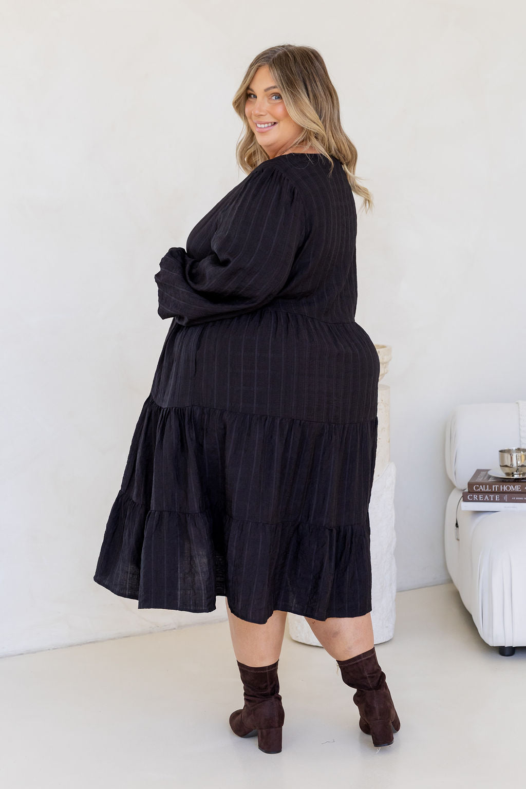 Long Sleeve Greta Midi Dress in Black