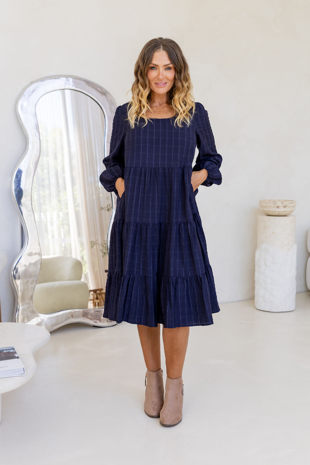 Long Sleeve Greta Midi Dress in Navy