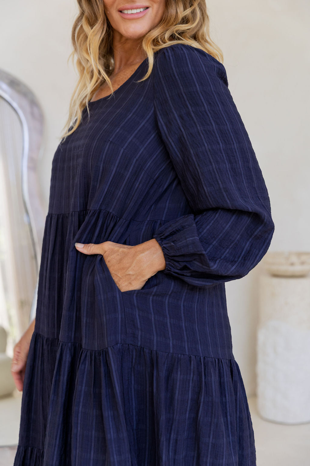 Long Sleeve Greta Midi Dress in Navy