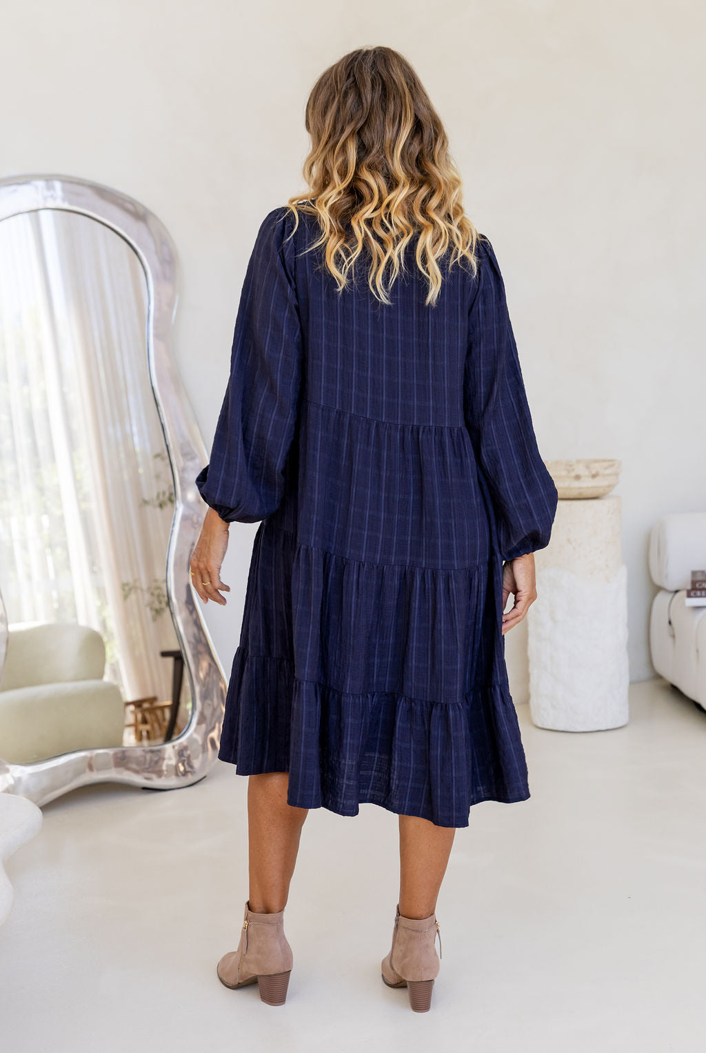 Long Sleeve Greta Midi Dress in Navy