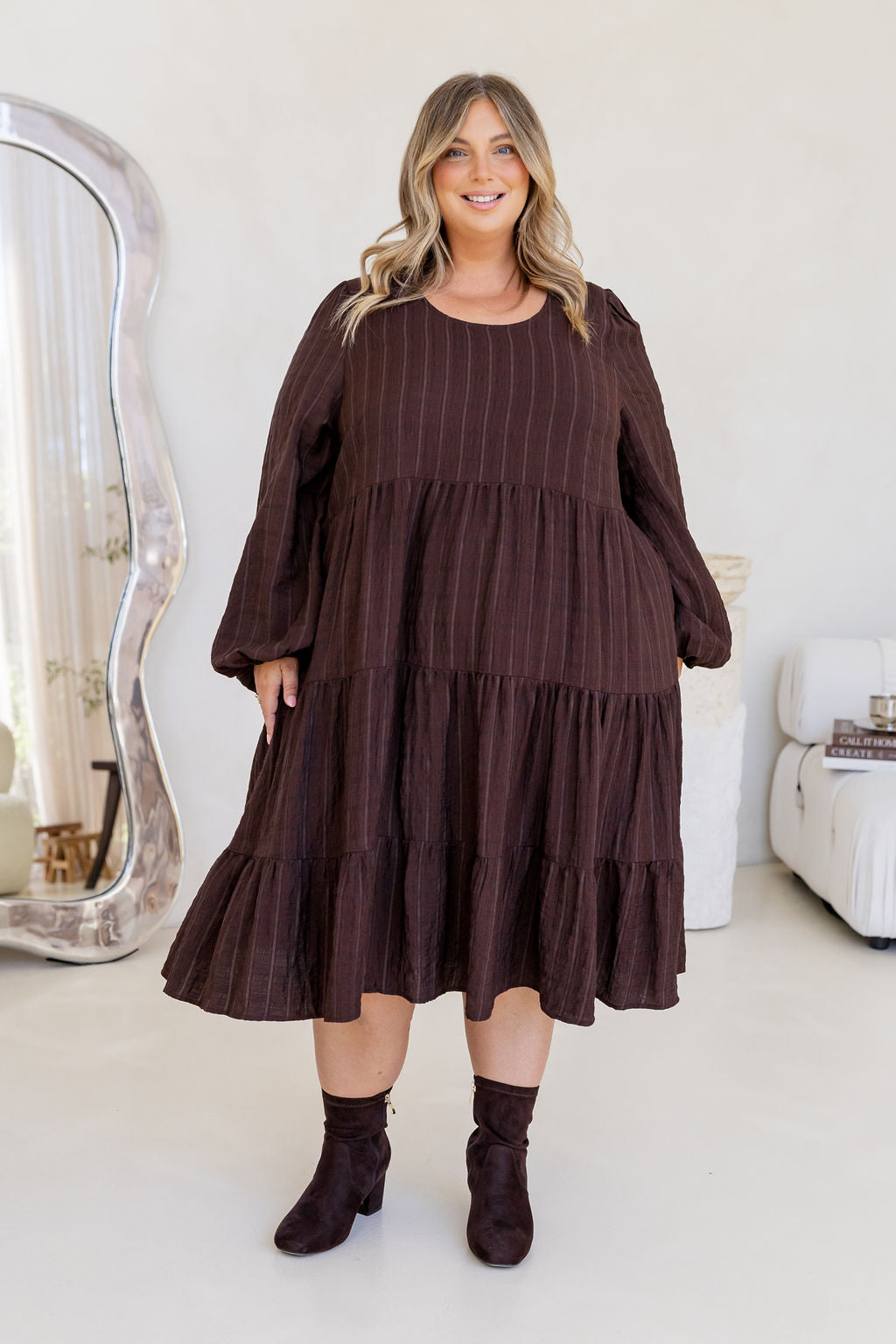 Long Sleeve Greta Midi Dress in Chocolate