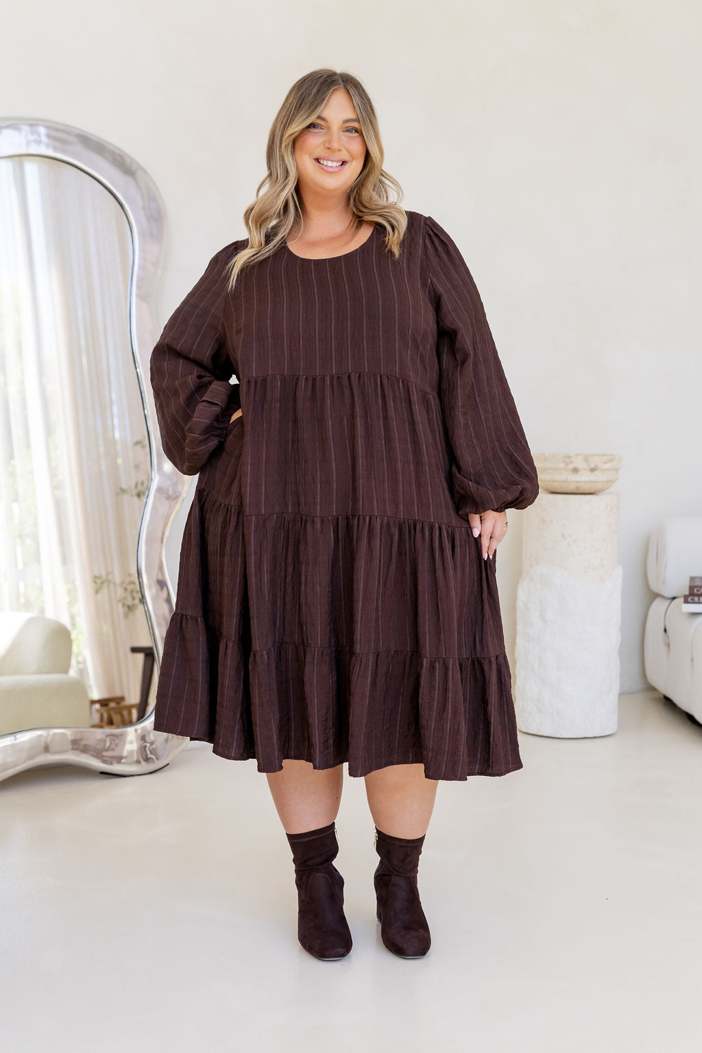 Long Sleeve Greta Midi Dress in Chocolate