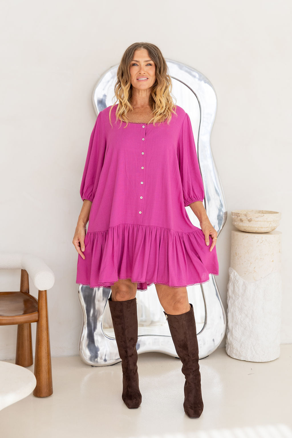 Kira Linen Blend Dress in Fuchsia