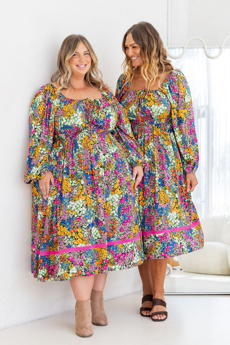 Long Sleeve Amberly Midi Dress in Flower Field Dawn