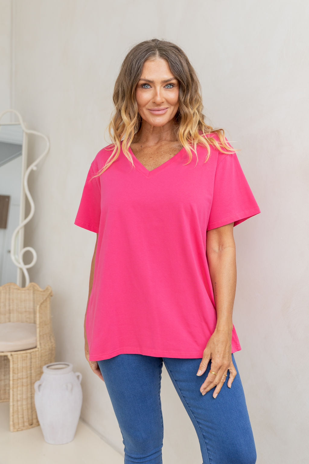 Relaxed V-Neck Tee in Hot Pink