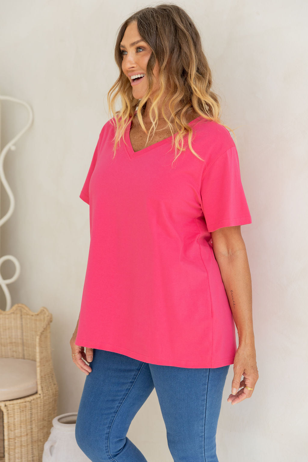 Relaxed V-Neck Tee in Hot Pink