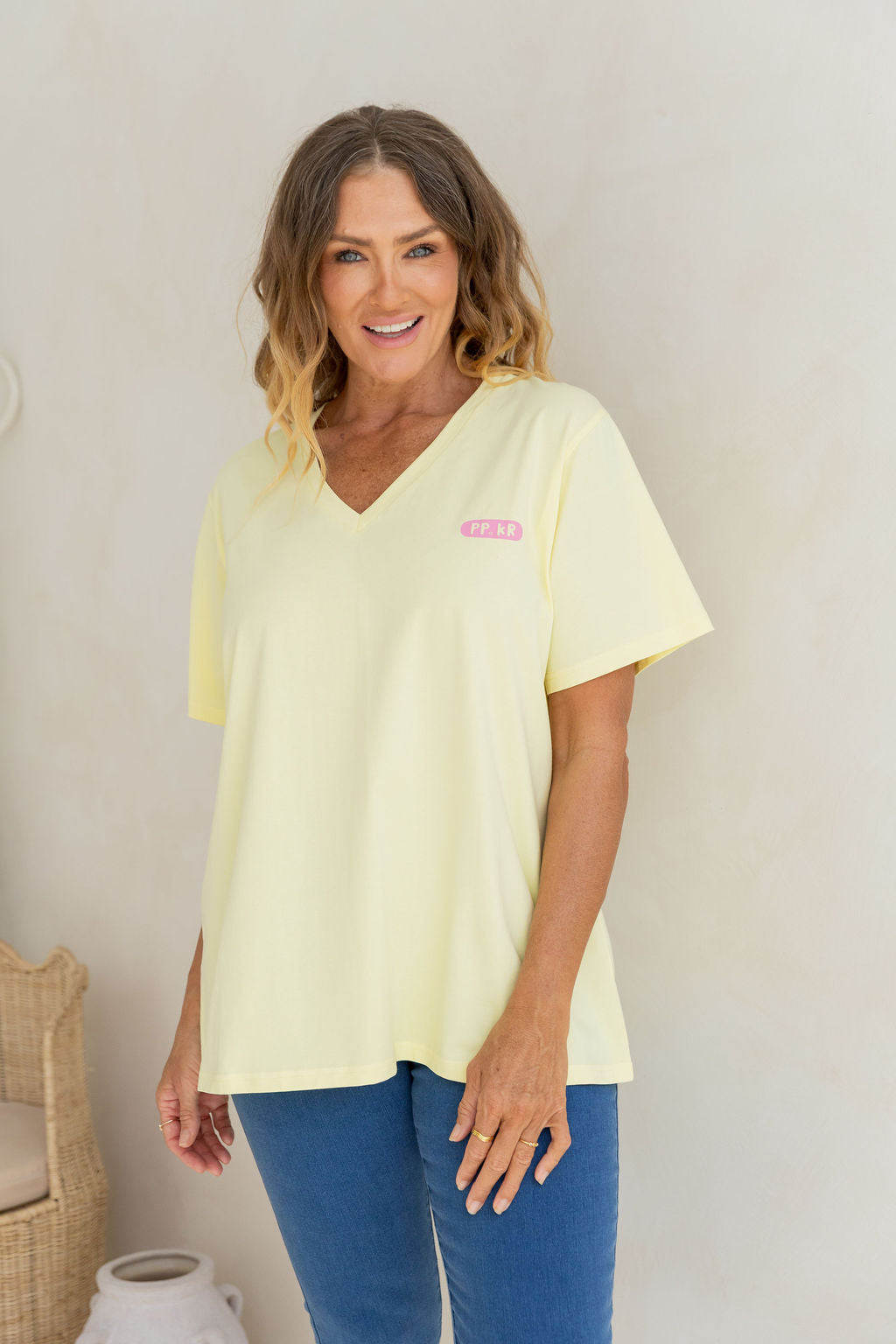 Della Relaxed V-Tee in Be Okay Lemon by Kasey Rainbow